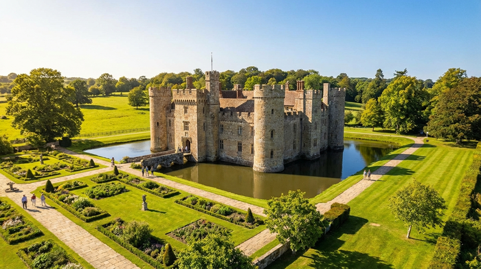 Eine historische Wasserburg umgeben von grünen Wiesen und Bäumen an einem sonnigen Tag. Gepflegte Außenanlagen mit Spazierwegen, ruhige und idyllische Umgebung. Hochwertige Architekturfotografie, klarer blauer Himmel.