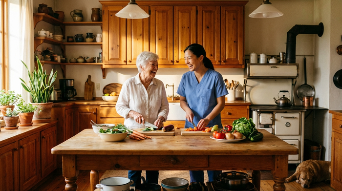 Eine ältere Frau und eine jüngere Betreuerin sitzen gemeinsam am Küchentisch und schneiden frisches Gemüse. Helle, gemütliche häusliche Küche mit warmem Holzinterieur. Beide lächeln entspannt und genießen die gemeinsame Zeit.