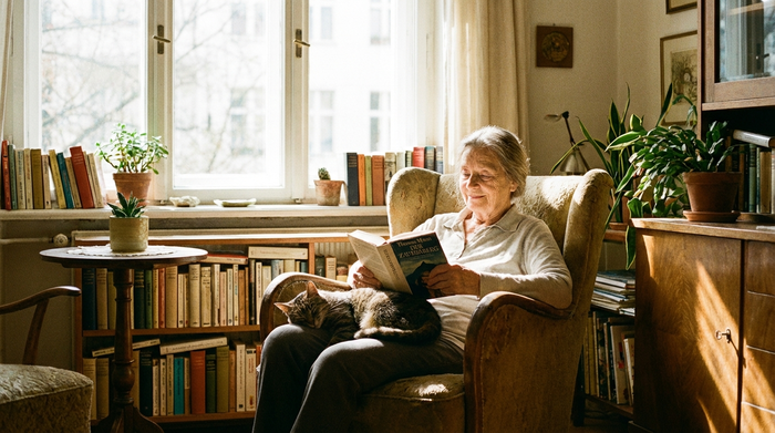 Eine friedliche ältere Dame sitzt entspannt in einem gemütlichen Sessel in einem sonnendurchfluteten Zimmer und liest ein Buch. Realistische Fotografie, warme Atmosphäre, ohne Text.