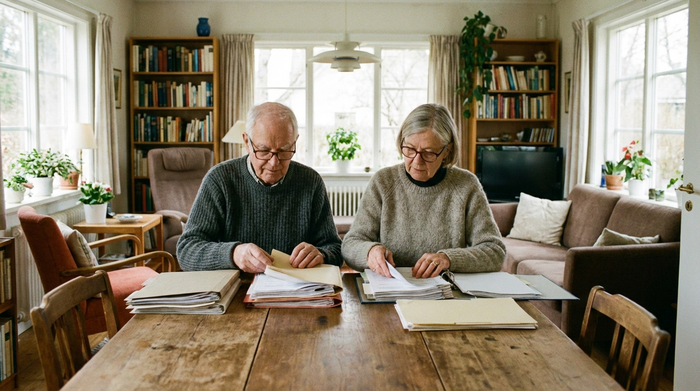 Ein älteres Ehepaar sitzt gemeinsam an einem Holztisch und sortiert übersichtlich Dokumente. Ernsthafte, aber beruhigte Gesichter. Helles Wohnzimmer, natürliches Licht, keine Schriftzüge.