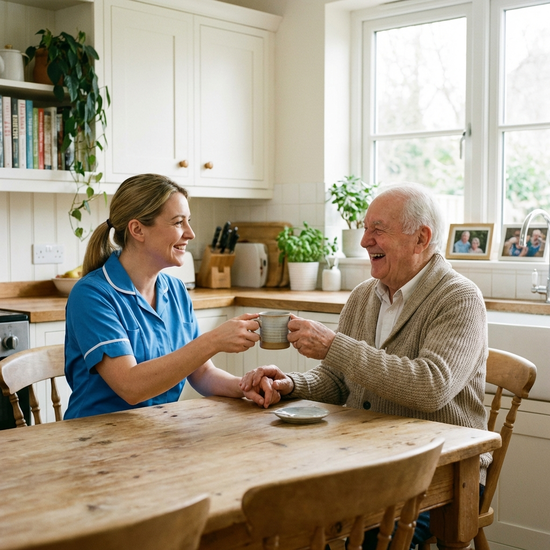 Eine freundliche Pflegekraft reicht einem lächelnden Senior eine Tasse Tee am heimischen Küchentisch. Vertrauensvolle Interaktion, saubere und helle Küche, fotorealistisch, keine Text-Overlays.