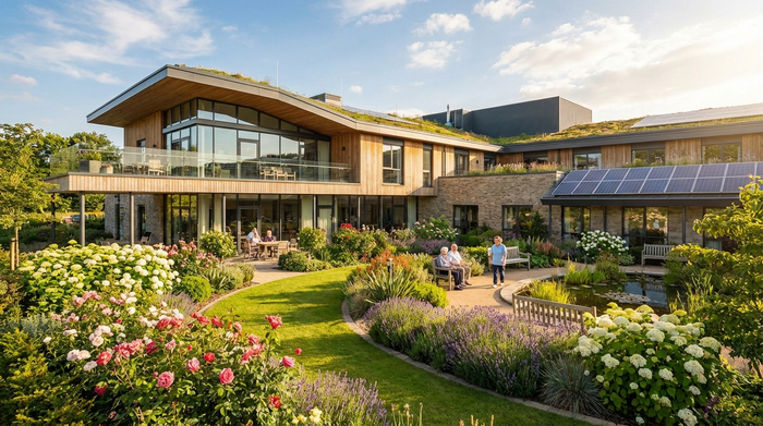 Eine einladende Außenansicht eines modernen Pflegeheims mit einem gepflegten, grünen Garten und blühenden Blumen. Sonniges Wetter, realistische Architektur, ohne Schilder oder Text.