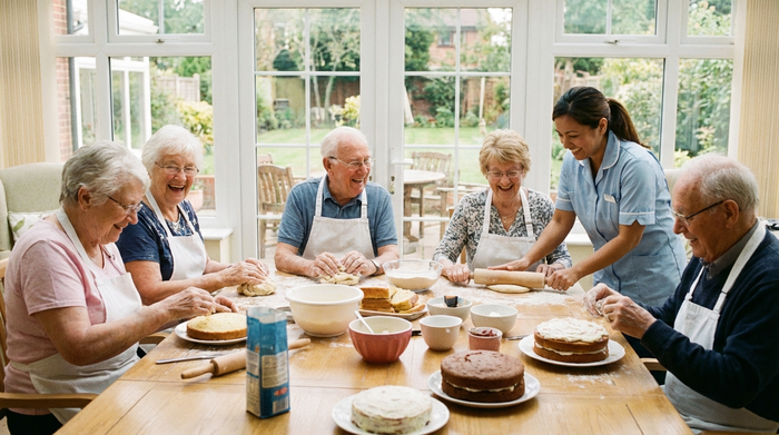 Eine Gruppe fröhlicher Senioren sitzt gemeinsam an einem großen Holztisch in einer hellen Einrichtung und backt Kuchen, eine Betreuungskraft hilft lächelnd.