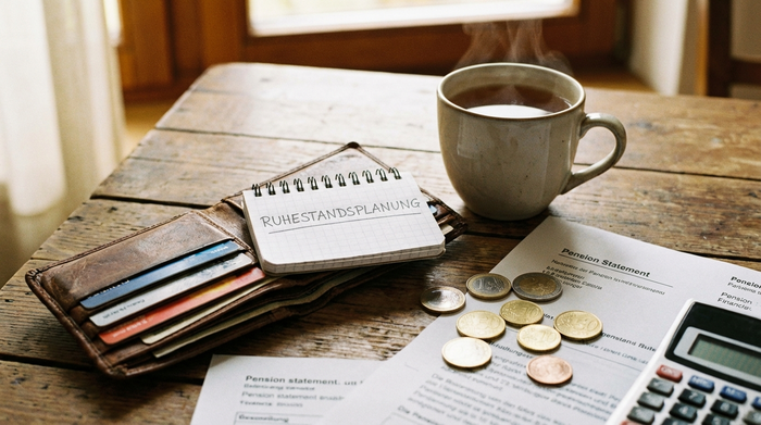 Ein realistisches, stilvolles Portemonnaie auf einem Holztisch neben einer Tasse Tee und einigen Euro-Münzen, warmes Licht, Fokus auf finanzielle Planung im Alter.