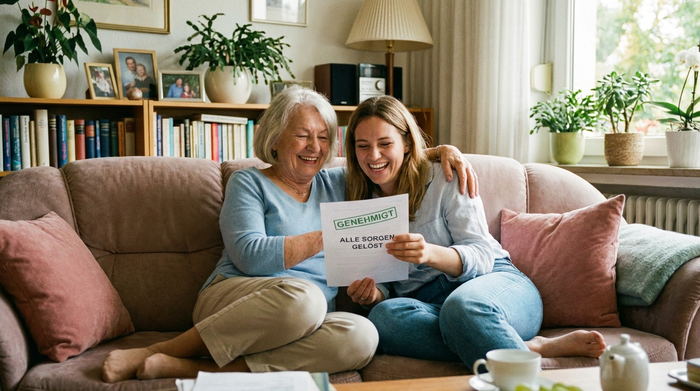 Eine lächelnde ältere Dame und ihre erwachsene Tochter sitzen entspannt auf dem Sofa und schauen erleichtert auf ein Dokument, harmonische und sorgenfreie Stimmung.