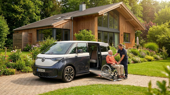 Ein moderner, barrierefreier Kleinbus mit geöffneter Rampe steht vor einem gepflegten Einfamilienhaus im Grünen, ein freundlicher Fahrer hilft einem Senior.