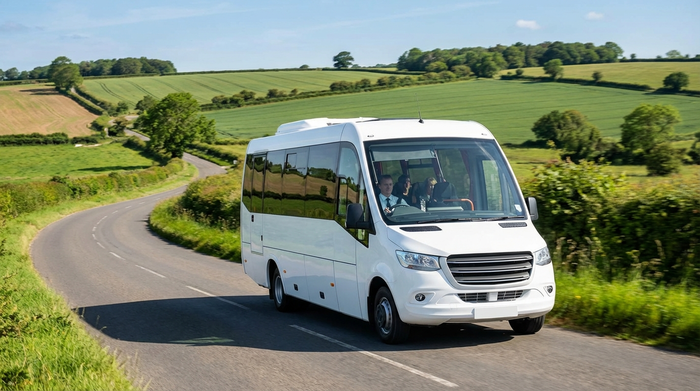 Ein moderner, weißer Kleinbus fährt auf einer malerischen Landstraße durch eine hügelige Landschaft mit grünen Feldern. Sonniges Wetter, klare Sicht, realistische Darstellung einer Fahrt im ländlichen Raum, keine Schriftzüge.