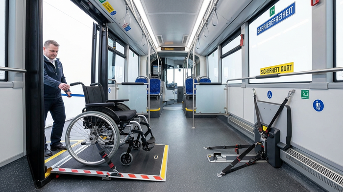 Ein sicherer, geräumiger Innenraum eines Transportbusses mit einer heruntergeklappten Rollstuhlrampe am Heck. Ein Rollstuhl steht sicher verankert im Fahrzeug. Helle Beleuchtung, sauberes Interieur, Fokus auf Sicherheit und Barrierefreiheit.