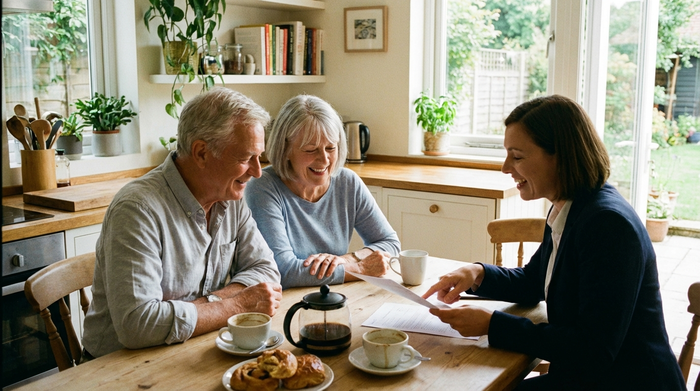 Ein älteres Ehepaar sitzt entspannt am Küchentisch und betrachtet gemeinsam mit einer Beraterin Dokumente. Kaffeetassen auf dem Tisch, gemütliche und helle Wohnatmosphäre, positive und erleichterte Stimmung, realistischer Fotostil.