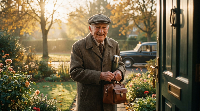 Ein älterer Herr mit Schiebermütze und Mantel steht morgens gut gelaunt mit einer kleinen gepackten Tasche vor seiner Haustür und wartet im sanften Morgenlicht auf seine Abholung. Gepflegter Vorgarten, einladende Stimmung.