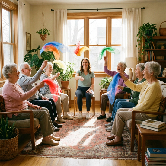 Eine Gruppe fröhlicher Senioren sitzt im Kreis in einem hellen, gemütlichen Raum und macht leichte Sitzgymnastik mit bunten Chiffontüchern. Eine freundliche Therapeutin macht die Übungen motivierend vor. Natürliches Sonnenlicht fällt durch große Fenster.