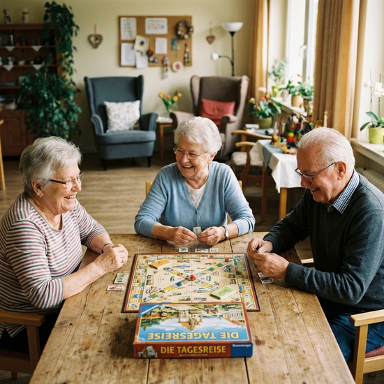 Drei ältere Menschen sitzen entspannt an einem Holztisch und spielen konzentriert, aber mit einem Lächeln ein Brettspiel. Im Hintergrund ist eine unscharfe, gemütliche Einrichtung einer Tagespflege zu erkennen.