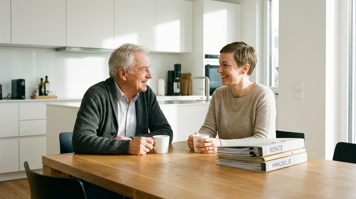 Ein älterer Herr und seine erwachsene Tochter sitzen entspannt bei einer Tasse Kaffee an einem modernen Küchentisch. Sie lächeln sich beruhigt an. Auf dem Tisch liegen einige ordentlich sortierte Papiere. Die Stimmung ist harmonisch und sorglos.