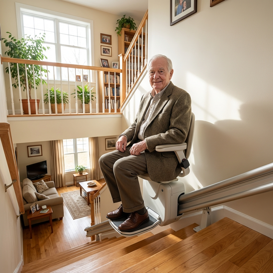 Ein lächelnder Senior fährt sicher auf einem modernen Treppenlift eine gut beleuchtete Holztreppe in einem gepflegten Einfamilienhaus hinauf. Die Umgebung ist wohnlich und aufgeräumt.