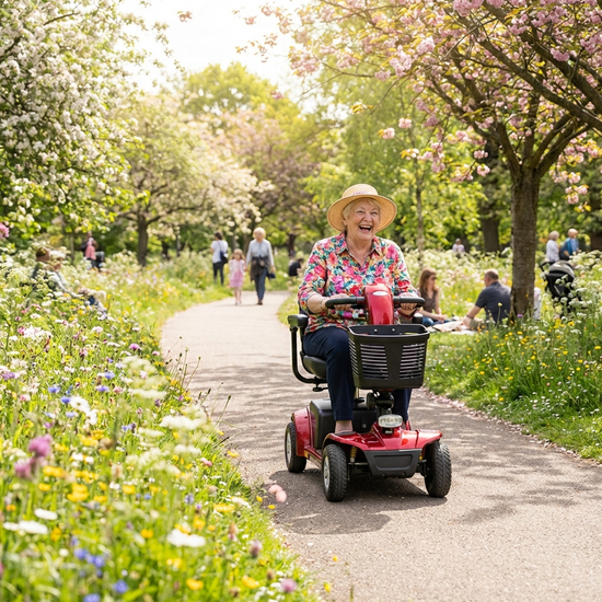 Eine glückliche ältere Dame fährt an einem sonnigen Tag mit einem roten Elektromobil auf einem asphaltierten Weg durch einen grünen, blühenden Park.
