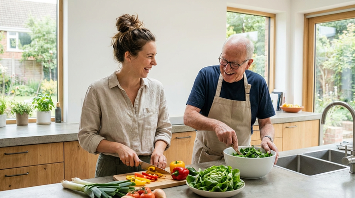 Eine jüngere Frau und ein älterer Herr stehen gemeinsam in einer modernen, sauberen Küche und bereiten frisches Gemüse für ein gesundes Mittagessen vor. Die Atmosphäre ist herzlich und entspannt.
