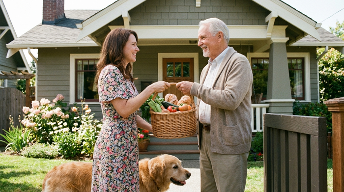 Eine freundliche Nachbarin übergibt einem älteren Mann einen Korb voller frischer Lebensmittel an der Haustür eines gepflegten Einfamilienhauses. Beide Personen lächeln sich warmherzig an.