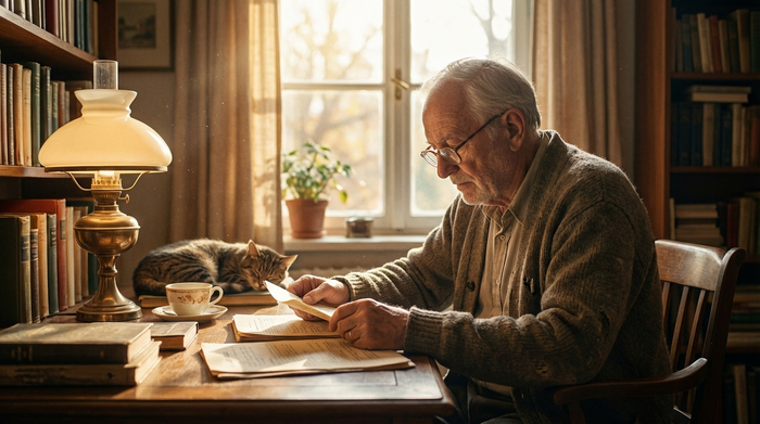 Ein älterer Herr sitzt mit aufgesetzter Lesebrille an einem aufgeräumten Schreibtisch aus Holz und studiert aufmerksam, aber völlig entspannt einige Dokumente im warmen Nachmittagslicht.