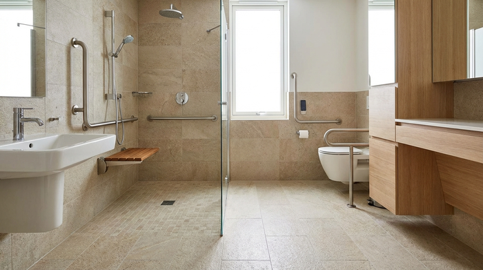 Ein modernes, barrierefreies Badezimmer mit einer großzügigen, bodengleichen Dusche, eleganten und stabilen Haltegriffen an den Wänden sowie rutschfesten, beigefarbenen Bodenfliesen.