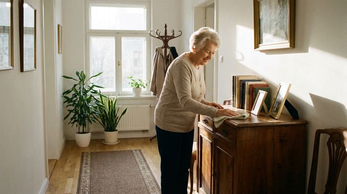 Eine ordentliche, ältere Frau wischt mit einem Staubtuch über eine Holzkommode in einem hellen, aufgeräumten Flur. Sonnenlicht fällt durch das Fenster. Realistische, saubere Wohnumgebung.