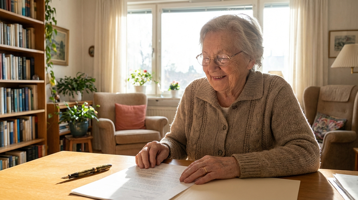 Eine ältere Dame mit Brille sitzt an einem Schreibtisch und schaut zufrieden auf ein Dokument. Neben ihr liegt ein Stift. Der Raum ist lichtdurchflutet und gemütlich eingerichtet.