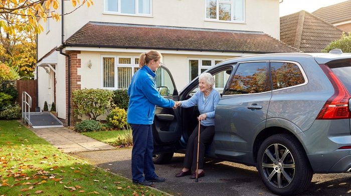 Eine hilfsbereite Betreuerin hilft einer Seniorin beim Einsteigen in ein modernes Auto vor einem gepflegten Einfamilienhaus. Die Szene wirkt sicher, vertrauensvoll und alltäglich.