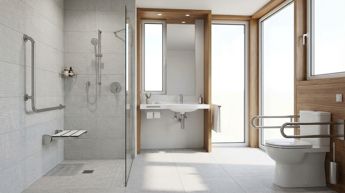 Ein modern gestaltetes, barrierefreies Badezimmer mit einer ebenerdigen Dusche, hellen Fliesen und einem sicheren Haltegriff an der Wand. Sauber, hell, rutschfest und sicher gestaltet.