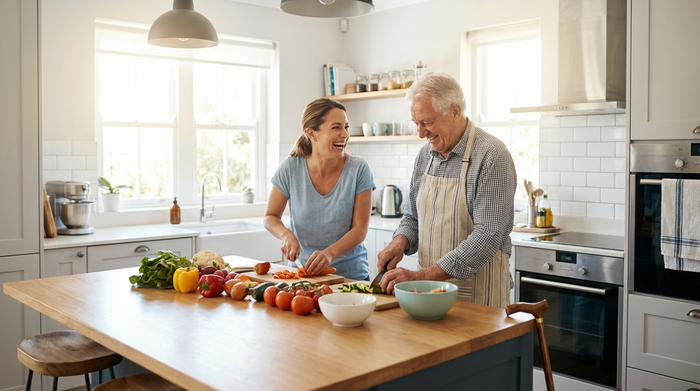 Eine fürsorgliche Pflegekraft hilft einem älteren Herrn beim gemeinsamen Kochen in einer hellen, sauberen Küche. Beide schneiden frisches Gemüse und lachen.