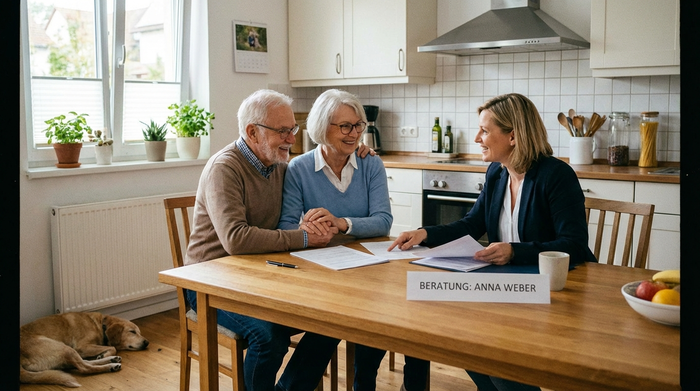 Ein älteres Ehepaar sitzt am Küchentisch und schaut sich gemeinsam mit einer Beraterin Dokumente an. Entspannte, vertrauensvolle Stimmung in einem aufgeräumten Raum.