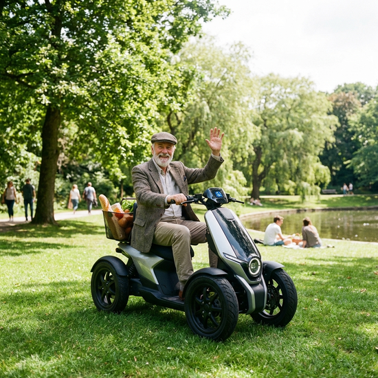 Ein fröhlicher Senior fährt mit einem modernen Elektromobil durch einen grünen Park an einem sonnigen Tag.