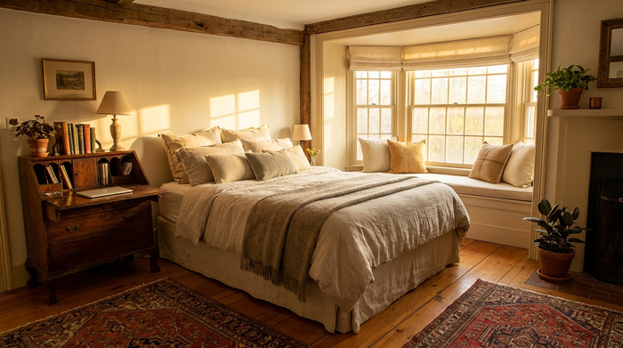 Ein gemütlich eingerichtetes Gästezimmer mit einem komfortablen Bett, einem kleinen Schreibtisch und einem sonnigen Fenster. Einladend und warm.