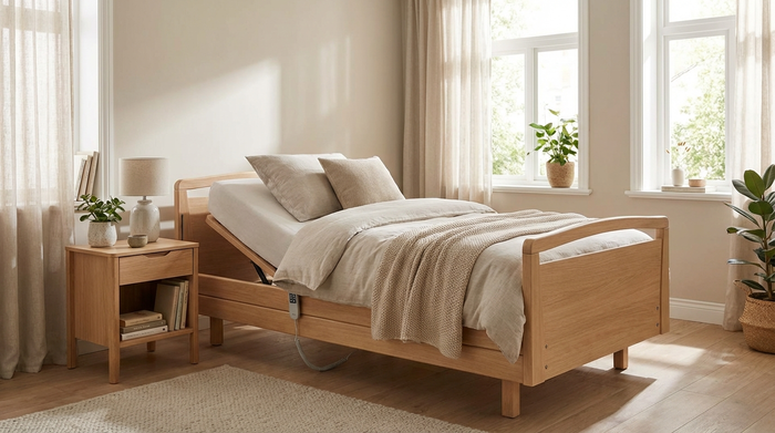 Ein gemütliches, helles Schlafzimmer mit einem modernen, elektrisch verstellbaren Pflegebett aus hellem Holz. Das Bett fügt sich harmonisch in die wohnliche Einrichtung ein, dekoriert mit weicher Bettwäsche und einem kleinen Nachttisch.