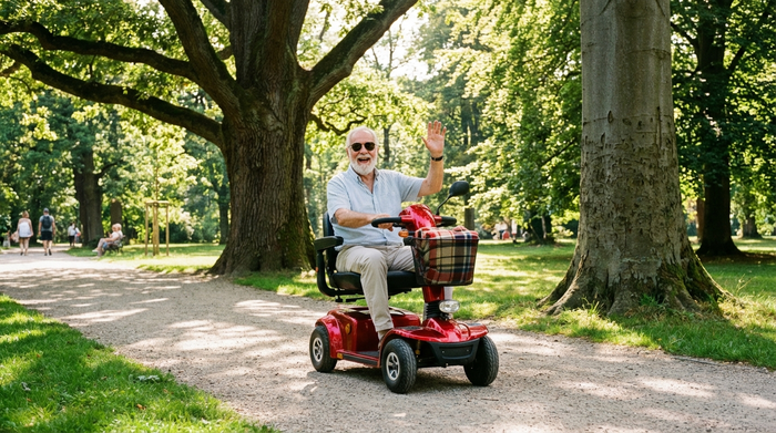 Ein rüstiger Senior fährt fröhlich mit einem leuchtend roten Elektromobil durch einen grünen, sonnigen Park mit großen Bäumen. Die Wege sind flach und gepflegt.