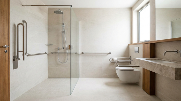 Ein modernes, barrierefreies Badezimmer mit einer großzügigen, bodengleichen Dusche, eleganten Haltegriffen aus Edelstahl und rutschfesten, hellen Fliesen. Die Umgebung wirkt sauber, sicher und stilvoll.