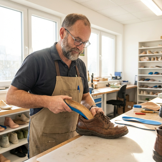Ein erfahrener Orthopädietechniker in einer hellen, sauberen Werkstatt passt behutsam eine maßgefertigte orthopädische Einlage in einen bequemen, alltagstauglichen Halbschuh ein.