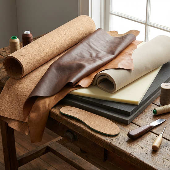 Nahaufnahme von verschiedenen hochwertigen Materialien für orthopädische Einlagen, darunter natürlicher Kork, weiches Leder und dämpfender Schaumstoff, ordentlich auf einem Holztisch drapiert.
