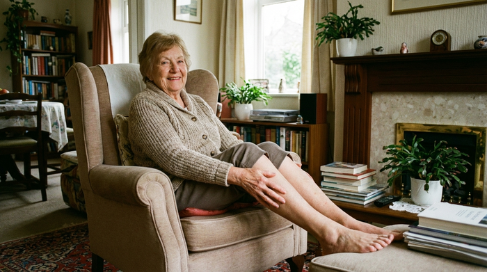 Eine ältere, zufrieden wirkende Dame sitzt entspannt auf einem bequemen Sessel in ihrem gemütlichen Wohnzimmer und streicht sich mit einem Lächeln über ihre gesunden, gut durchbluteten Beine.