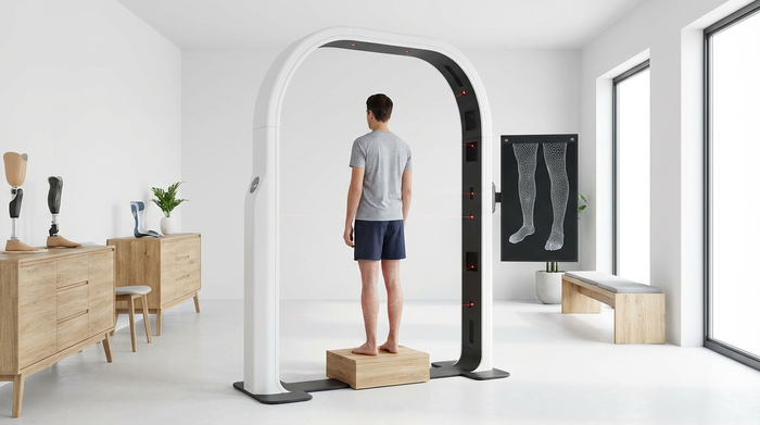 Ein moderner, berührungsloser 3D-Scanner in einem hellen, sauberen Sanitätshaus. Ein Patient steht entspannt auf einem kleinen Podest, während unsichtbare Sensoren die Beine präzise erfassen.