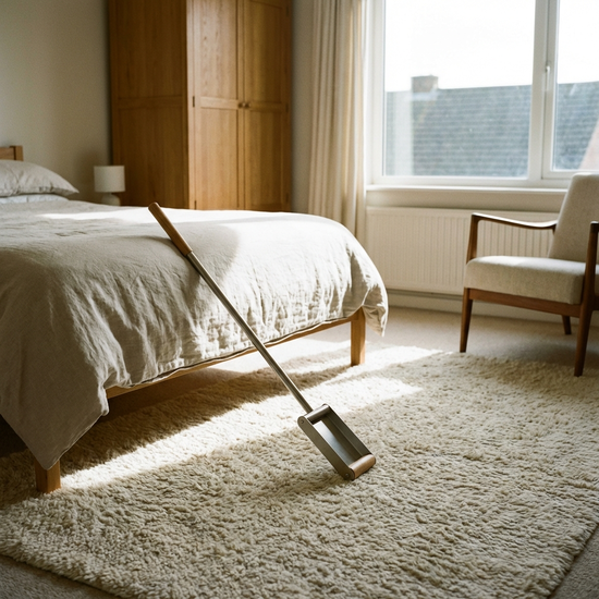 Eine praktische metallene Anziehhilfe für Strümpfe steht griffbereit auf einem weichen Teppichboden in einem hell erleuchteten, aufgeräumten Schlafzimmer.