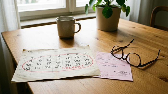 Ein Kalenderblatt mit einer markierten Zeitspanne von 28 Tagen, daneben liegt ein rosa Rezept und eine Lesebrille auf einem aufgeräumten Holztisch. Sanftes Tageslicht fällt durch ein Fenster.