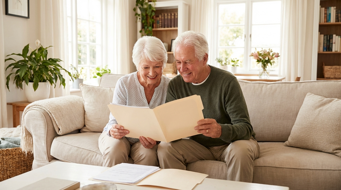 Ein älteres Ehepaar sitzt entspannt auf einem Sofa und schaut sich gemeinsam Dokumente in einer sauberen Mappe an. Beide wirken erleichtert und zufrieden. Helle, freundliche Raumatmosphäre.