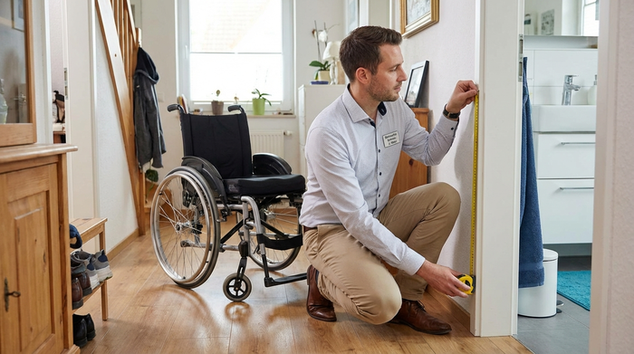 Ein professioneller Berater in ordentlicher Arbeitskleidung misst mit einem Maßband sorgfältig den Türrahmen eines Badezimmers aus. Im Hintergrund steht ein moderner Rollstuhl im Flur. Realistische, alltägliche Wohnumgebung.