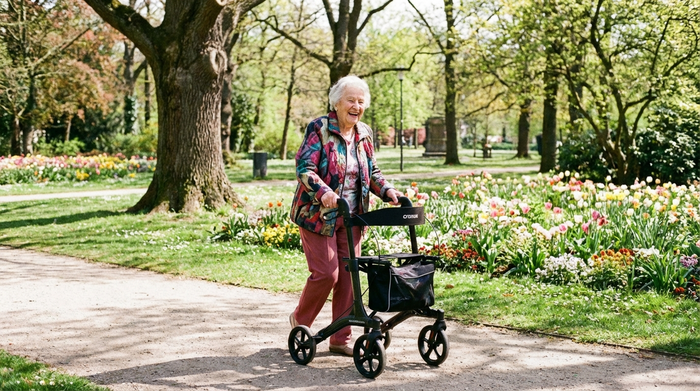Eine rüstige Rentnerin fährt an einem sonnigen Tag mit einem eleganten, modernen Leichtgewicht-Rollator durch einen gepflegten Park. Sie lächelt und genießt die frische Luft. Hohe Bildqualität, lebendige Farben.