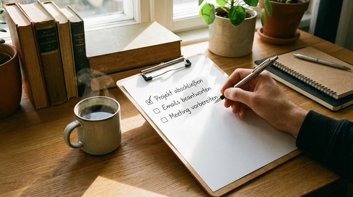 Eine Hand hält einen Stift und hakt Punkte auf einer übersichtlichen Klemmbrett-Liste ab. Auf dem Schreibtisch daneben steht eine dampfende Tasse Kaffee. Ruhige, fokussierte Arbeitsatmosphäre.