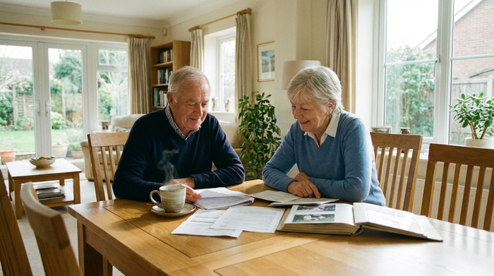 Ein älteres Ehepaar sitzt gemeinsam an einem aufgeräumten Holzesstisch und betrachtet entspannt einige Dokumente. Eine warme Kaffeetasse steht auf dem Tisch. Die Stimmung ist beruhigt und zuversichtlich, das Wohnzimmer ist hell und wohnlich eingerichtet. Keine Schriftzüge im Bild.