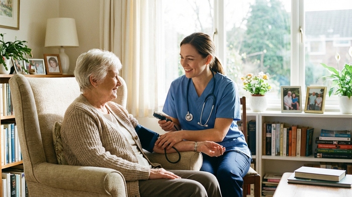 Eine freundliche Pflegefachkraft misst bei einer älteren Dame im heimischen Wohnzimmersessel schonend den Blutdruck. Die Pflegekraft trägt ein Stethoskop um den Hals und lächelt der Seniorin beruhigend zu. Helles, natürliches Licht fällt in den Raum.