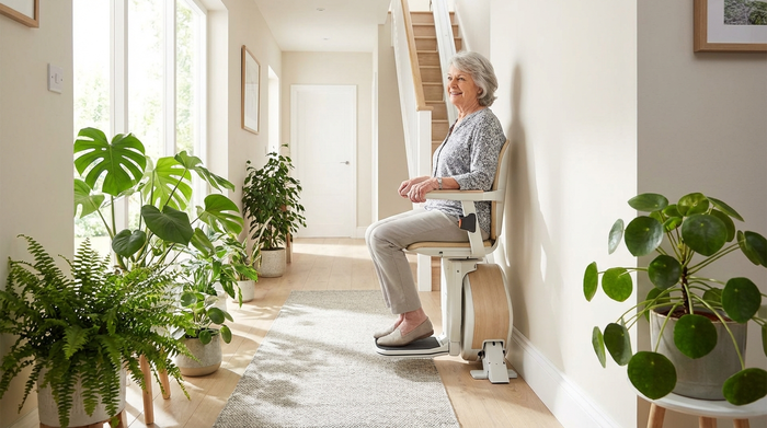 Ein moderner, unauffälliger Treppenlift in einem gepflegten Einfamilienhaus. Eine ältere Frau fährt sicher und entspannt die Treppe hinauf. Der Flur ist hell erleuchtet und mit einigen grünen Zimmerpflanzen freundlich dekoriert.