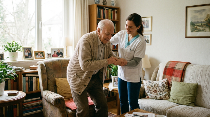 Eine engagierte Pflegekraft hilft einem älteren Herrn behutsam beim Aufstehen aus einem bequemen Sessel in einem gemütlichen Wohnzimmer. Helle, freundliche Atmosphäre ohne sichtbare medizinische Geräte.