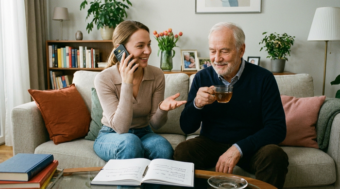 Eine erwachsene Tochter sitzt mit ihrem älteren Vater auf dem Sofa und telefoniert entspannt mit einem Pflegedienst. Auf dem Wohnzimmertisch liegt ein aufgeschlagenes Notizbuch.