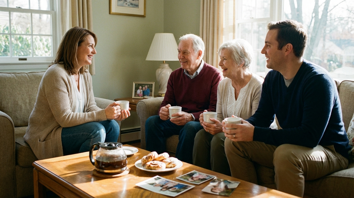 Eine sympathische Pflegedienstleitung im Gespräch mit Angehörigen im heimischen Wohnzimmer. Alle sitzen entspannt zusammen bei einer Tasse Kaffee, die Atmosphäre ist vertrauensvoll und offen.